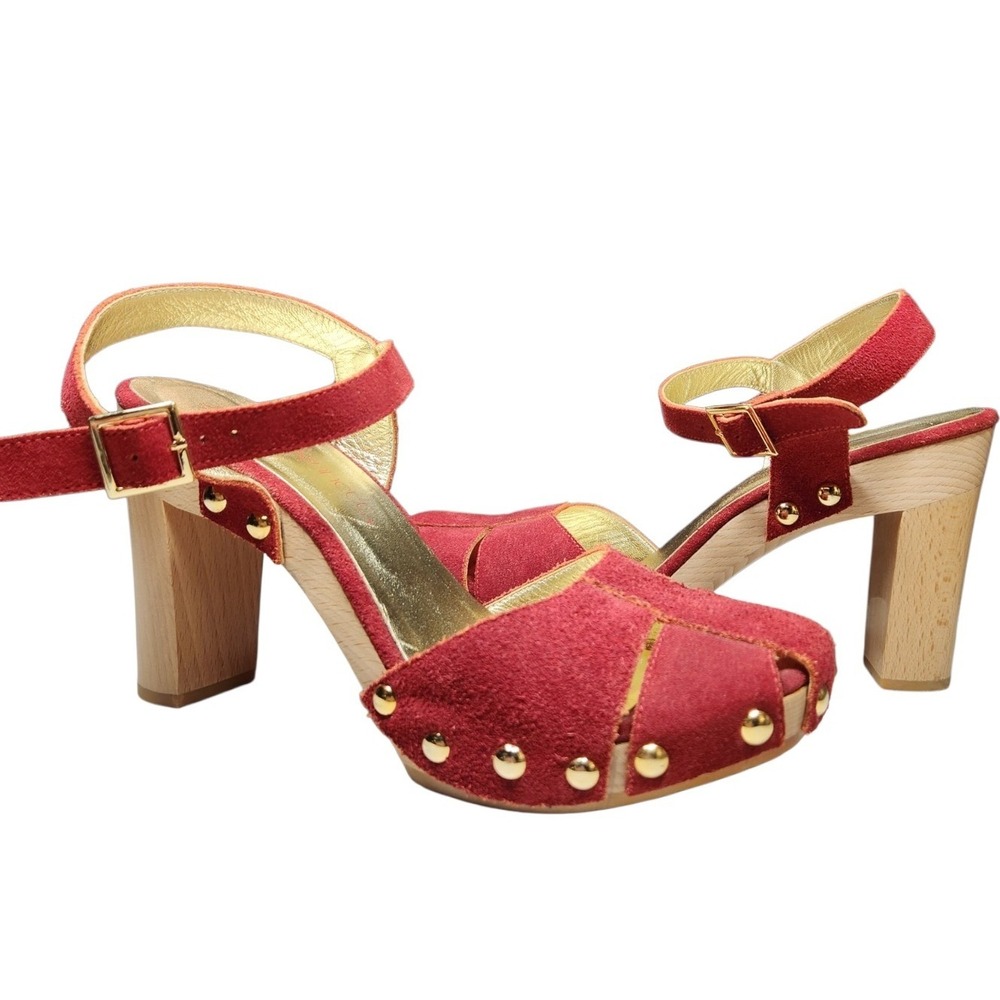 Vintage Red Suede Wooden Clog Sandals Studded Platform Block Heel Y2K Retro 7